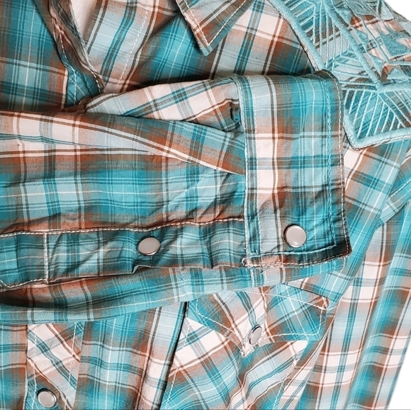Panhandle Rough Stock Women's Turquoise Western Shirt, Snap Plaid Shirt Sz XL - Picture 7 of 14
